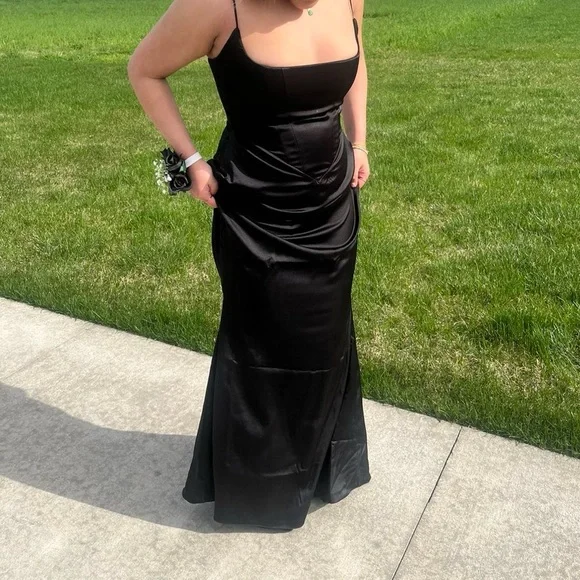 house of cb olivette black satin fully lined corset maxi dress